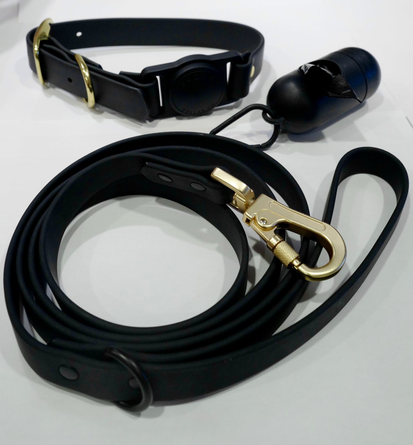 Bronx dog collar, dog poop bag dispenser, black dog leash with gold hardware